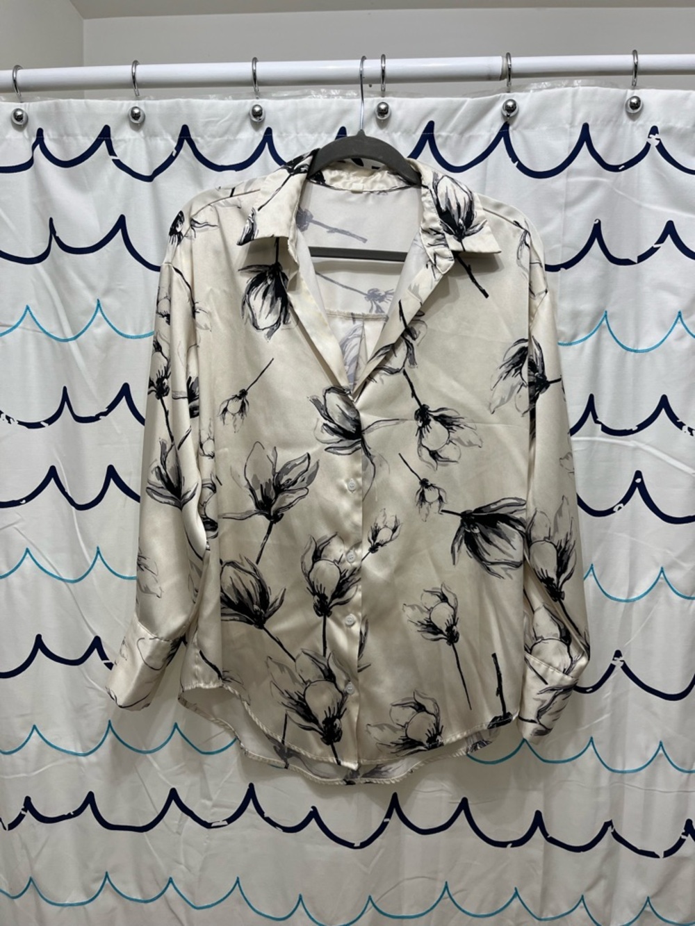 Floral Satin Button-Up Blouse in Cream and Black